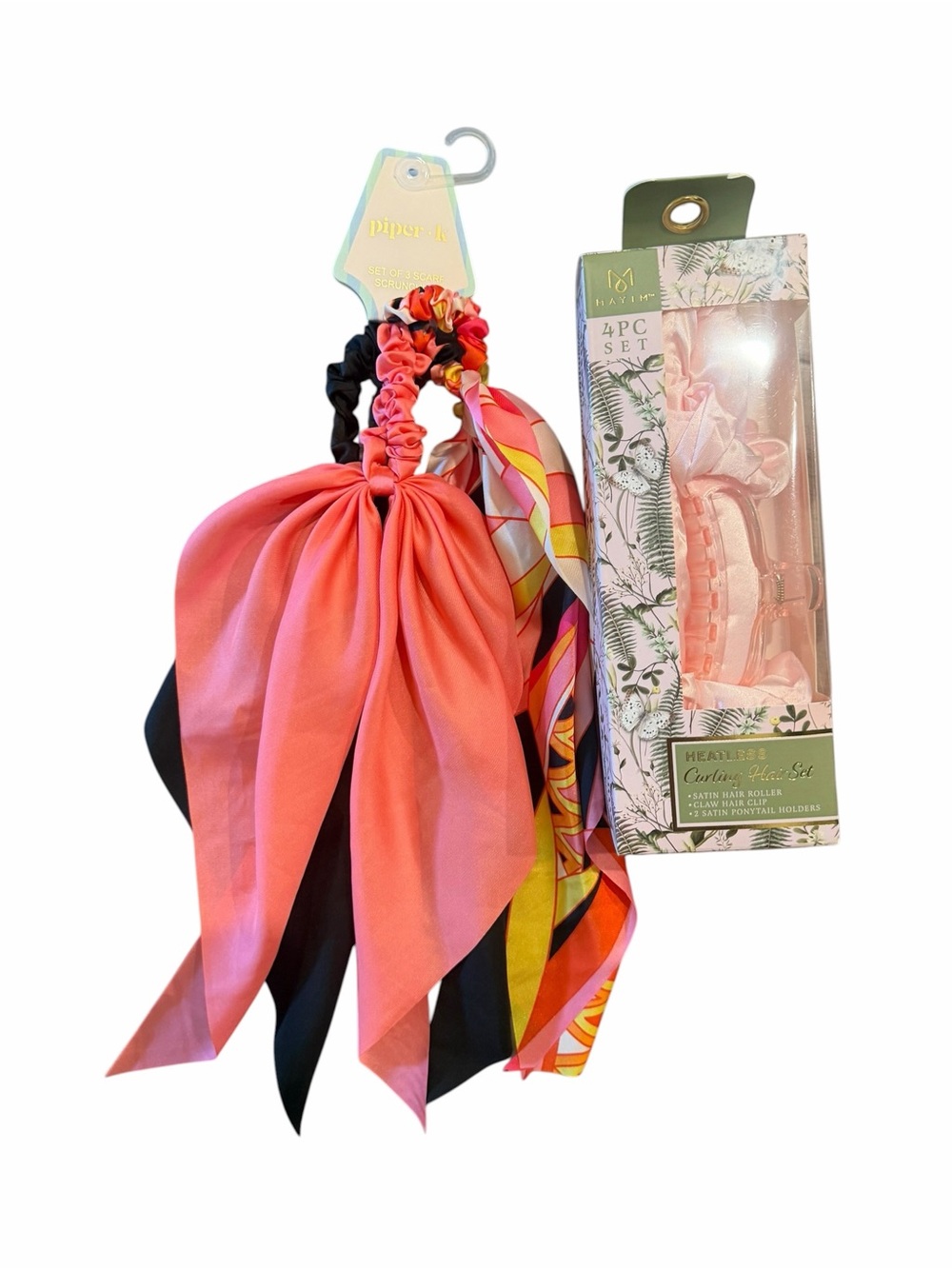 Paper Luxe Scarf Ponytail Scrunchie Set - Coral Pink & Black Satin hair set